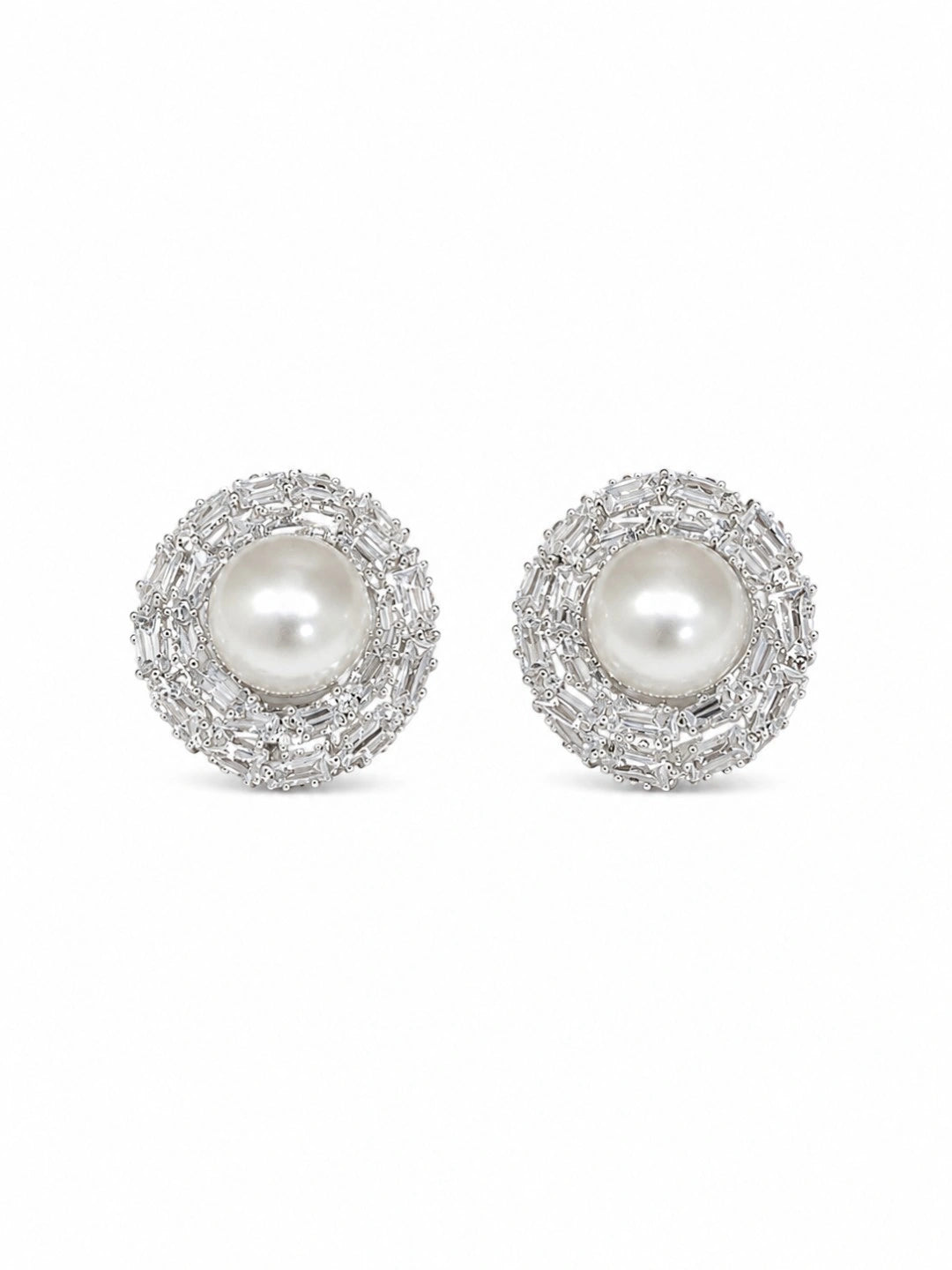 Silver Tone Circular CZ & Pearl Halo Statement Stud Earrings