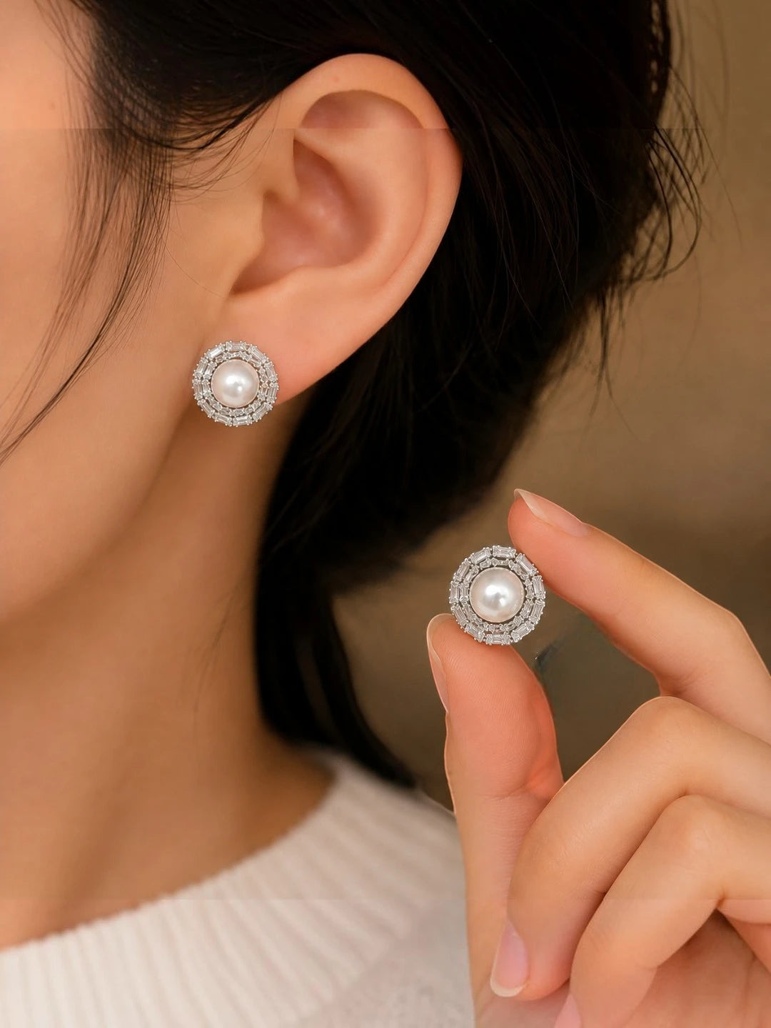 Silver Tone Circular CZ & Pearl Halo Statement Stud Earrings