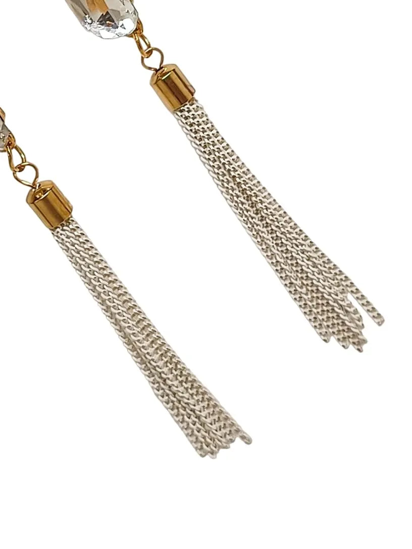 Gold-Plated Stone-Studded Tasselled Geometric Drop Earrings