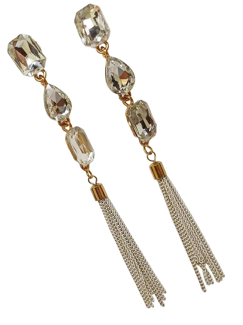 Gold-Plated Stone-Studded Tasselled Geometric Drop Earrings