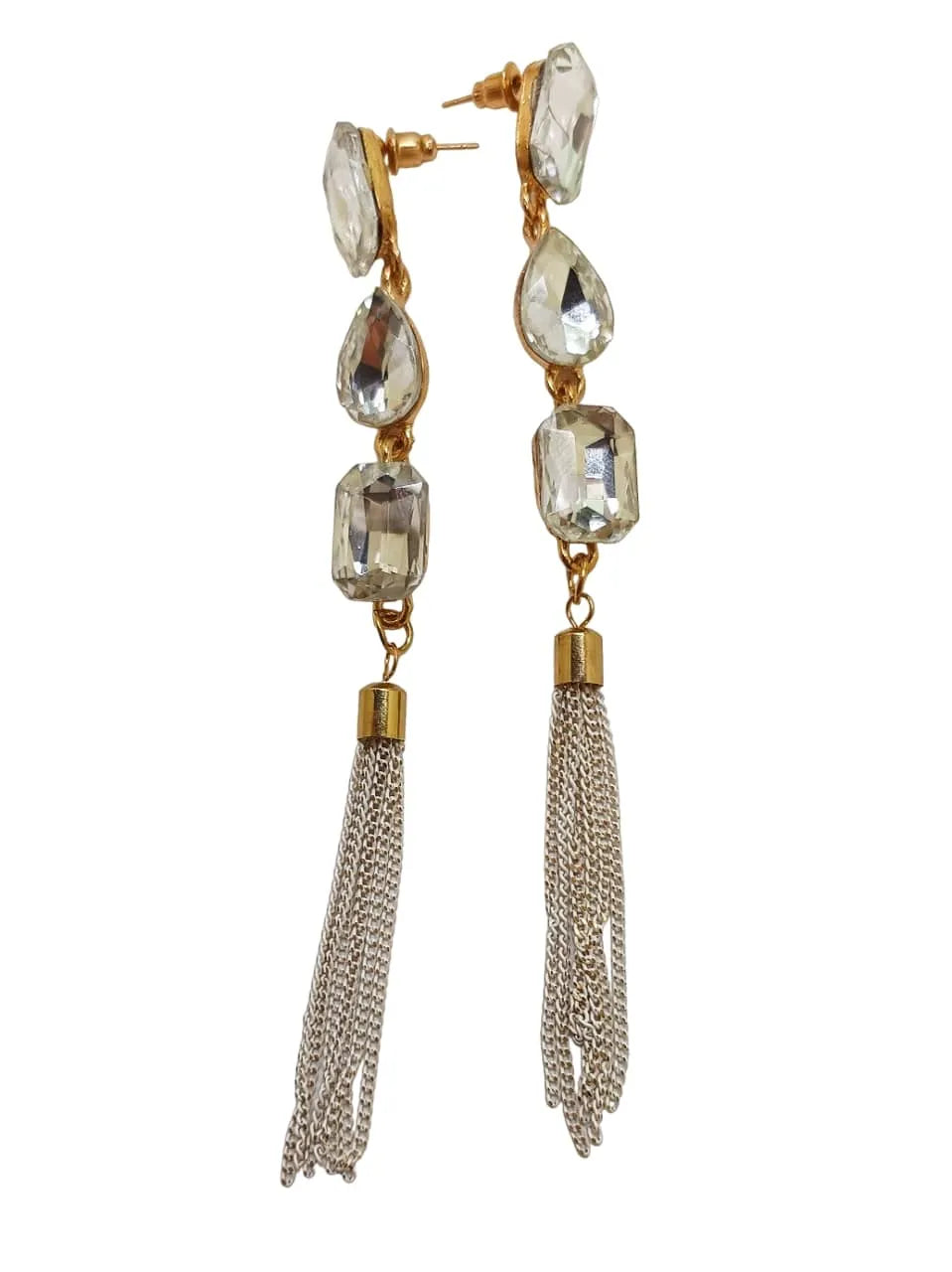Gold-Plated Stone-Studded Tasselled Geometric Drop Earrings
