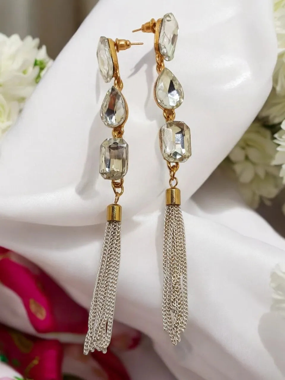 Gold-Plated Stone-Studded Tasselled Geometric Drop Earrings