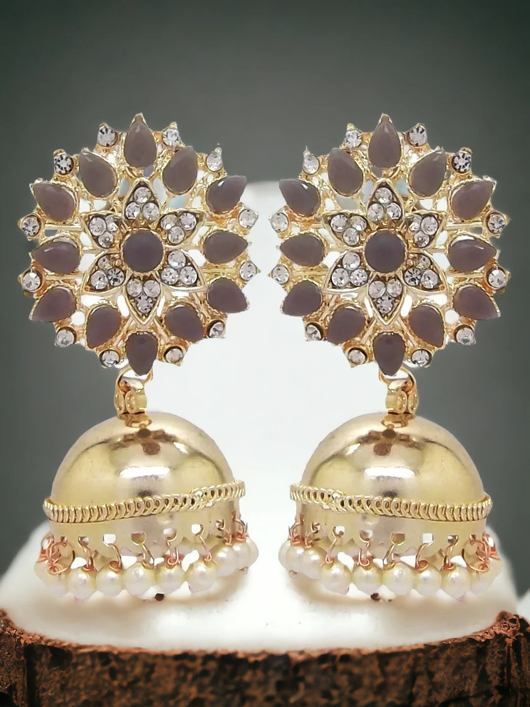 Grey Kundan Floral Earrings