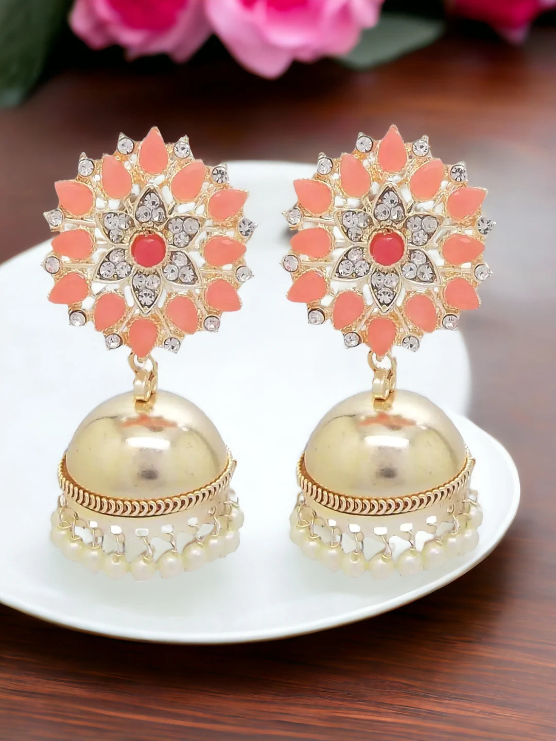 Peach Kundan Floral Earrings