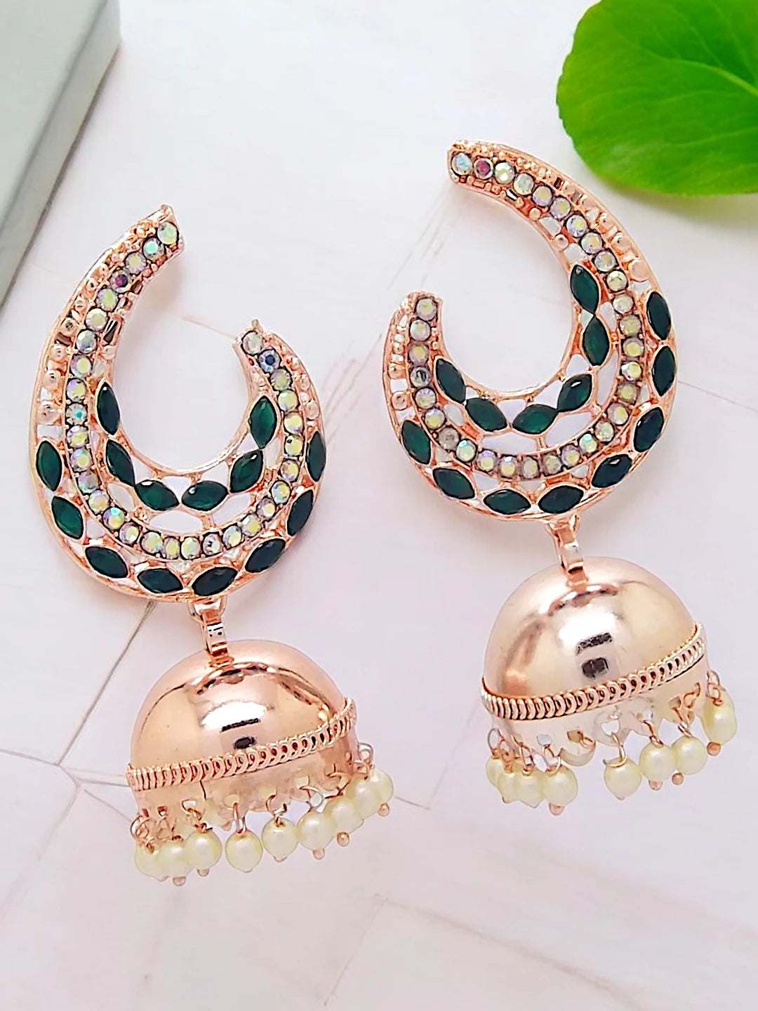 Dark Green Kundan Jhumka Earrings