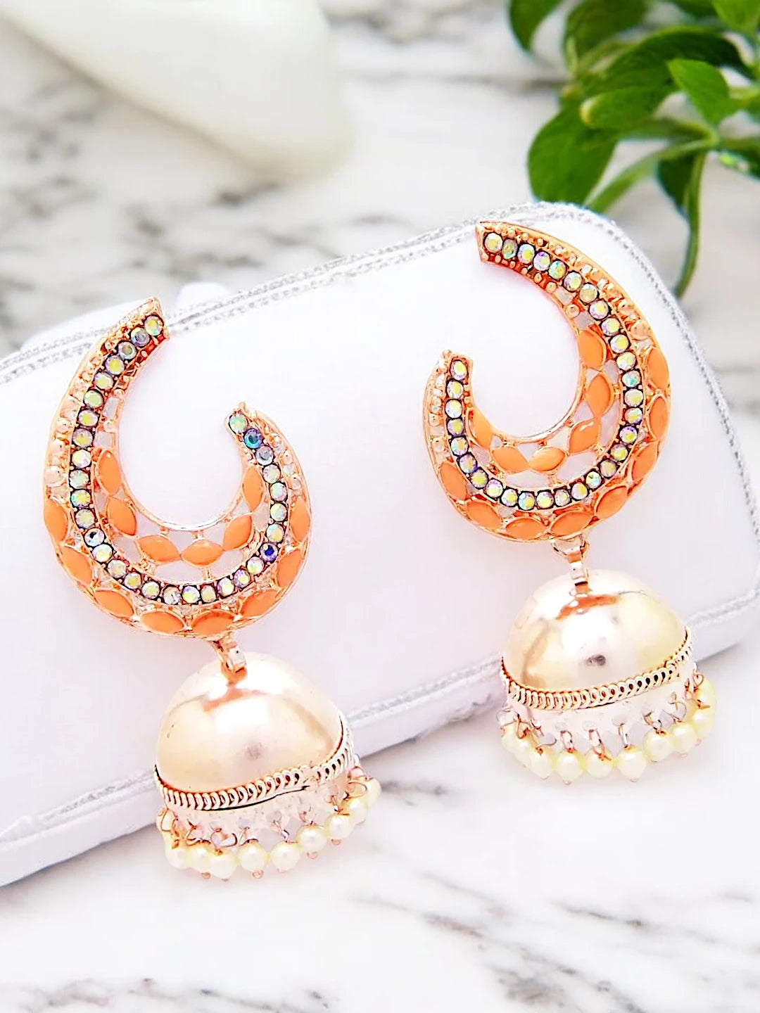 Peach Kundan Jhumka Earrings