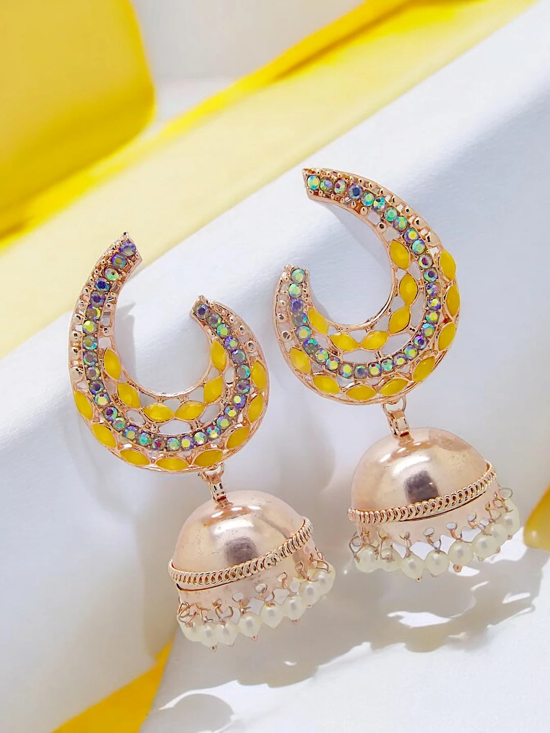 Yellow Kundan Jhumka Earrings