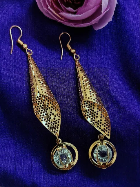 Gold-Plated Stone Studded Geometric Drop Earrings