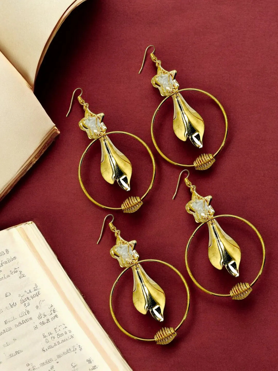 Set Of 2 Gold-Plated Stones Studded Star Shaped Drop Earrings