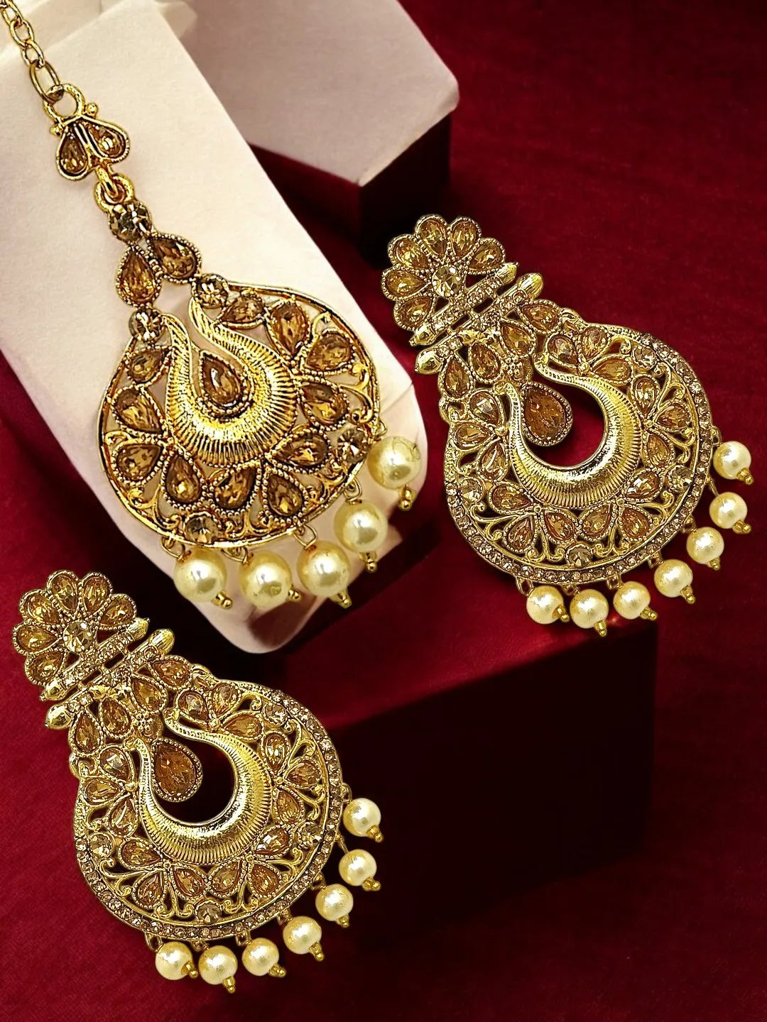 Gold-Plated Artificial Stones Studded and Beaded Cresecent Shaped Chandbalis