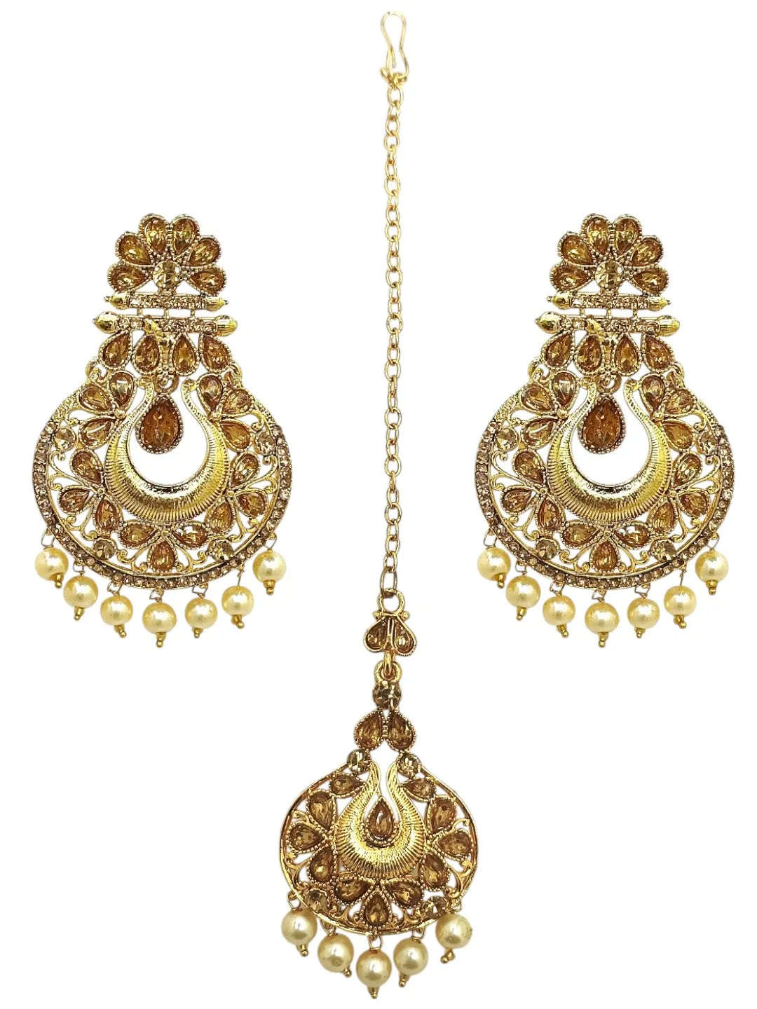 Gold-Plated Artificial Stones Studded and Beaded Cresecent Shaped Chandbalis