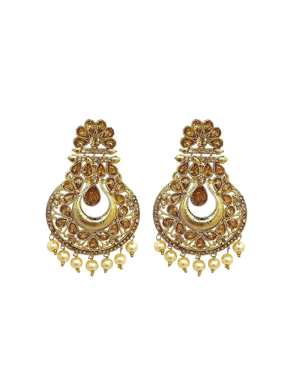 Gold-Plated Artificial Stones Studded and Beaded Cresecent Shaped Chandbalis