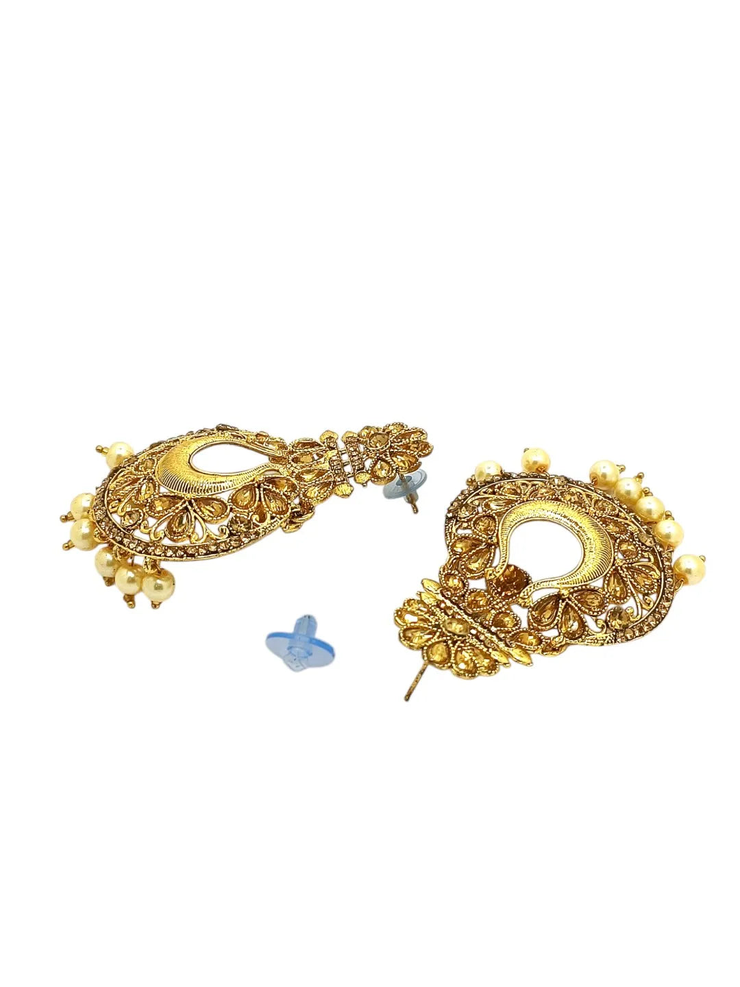 Gold-Plated Artificial Stones Studded and Beaded Cresecent Shaped Chandbalis