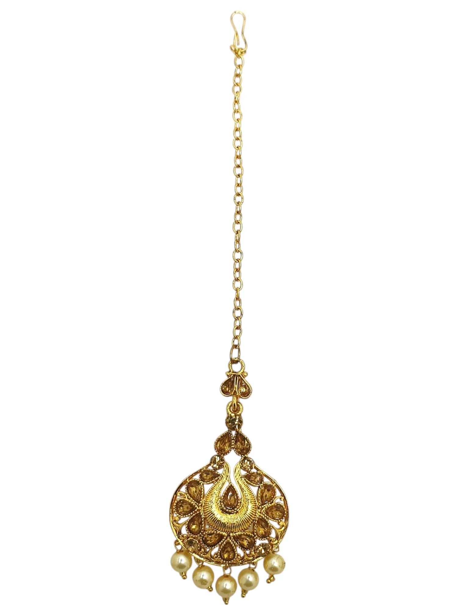 Gold-Plated Artificial Stones Studded and Beaded Cresecent Shaped Chandbalis