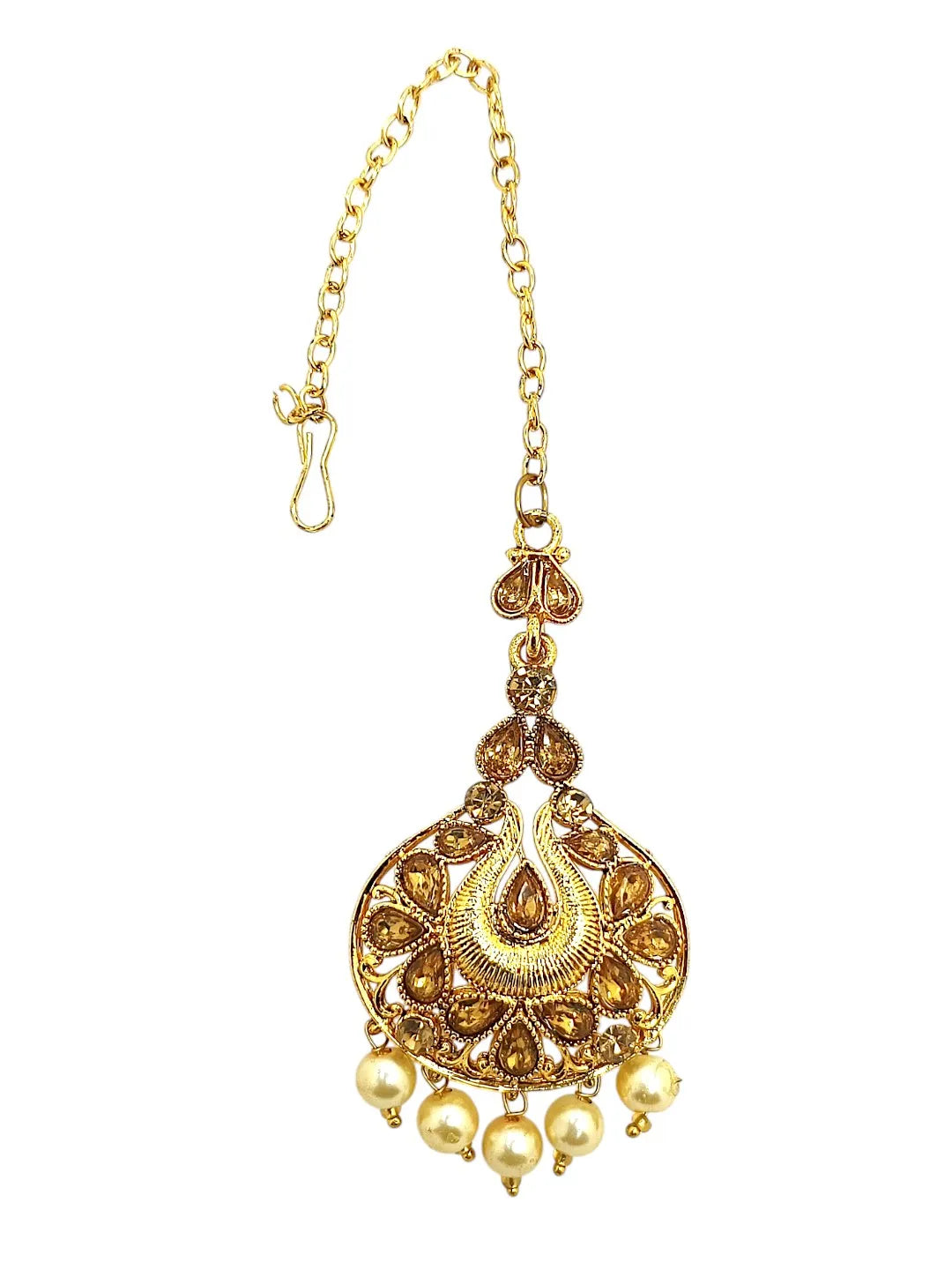 Gold-Plated Artificial Stones Studded and Beaded Cresecent Shaped Chandbalis