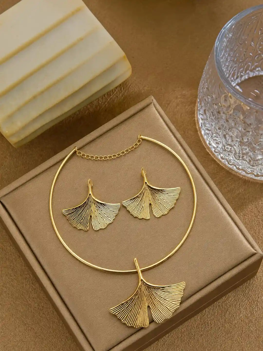 Ginkgo Leaf Anti-Tarnish Necklace Set with Matching Statement Earrings