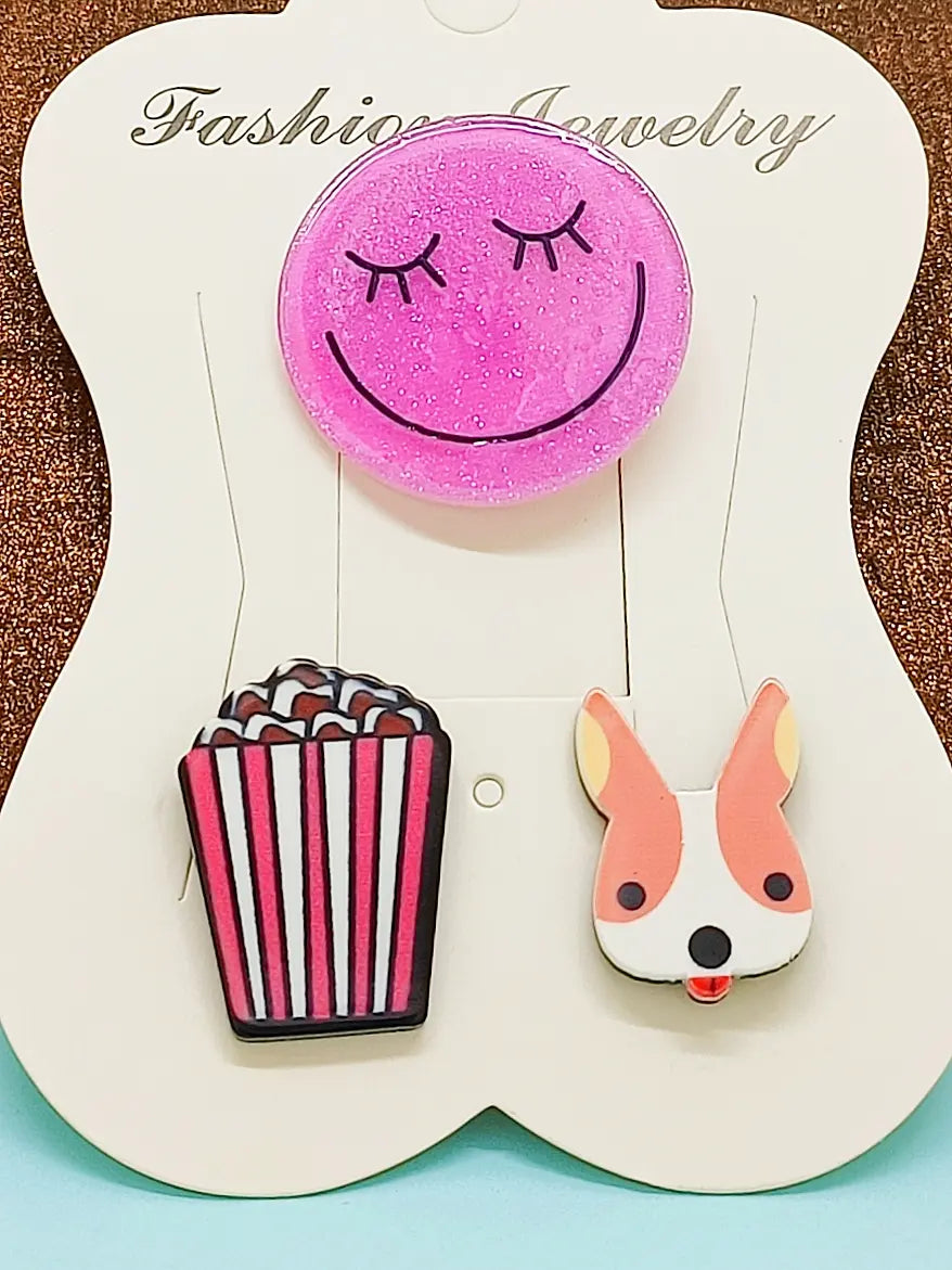 Smiley Face, Popcorn, and Dog Lapel Pin Set
