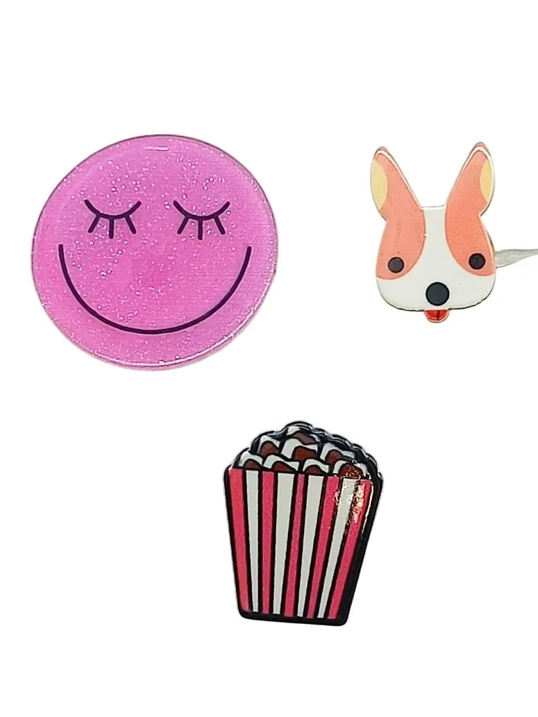 Smiley Face, Popcorn, and Dog Lapel Pin Set