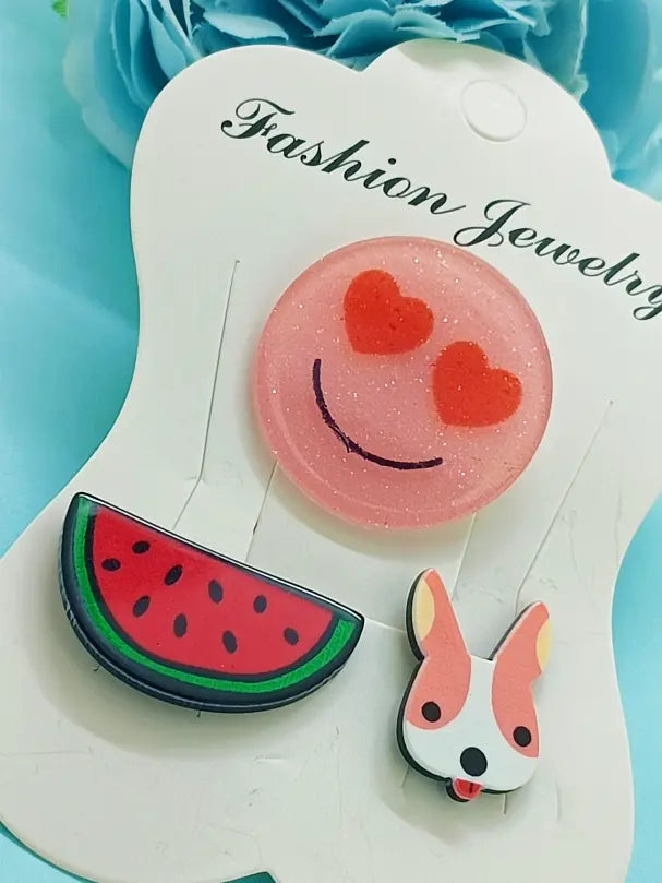 Heart-Eyes Emoji, Dog, and Watermelon Lapel Pin Set