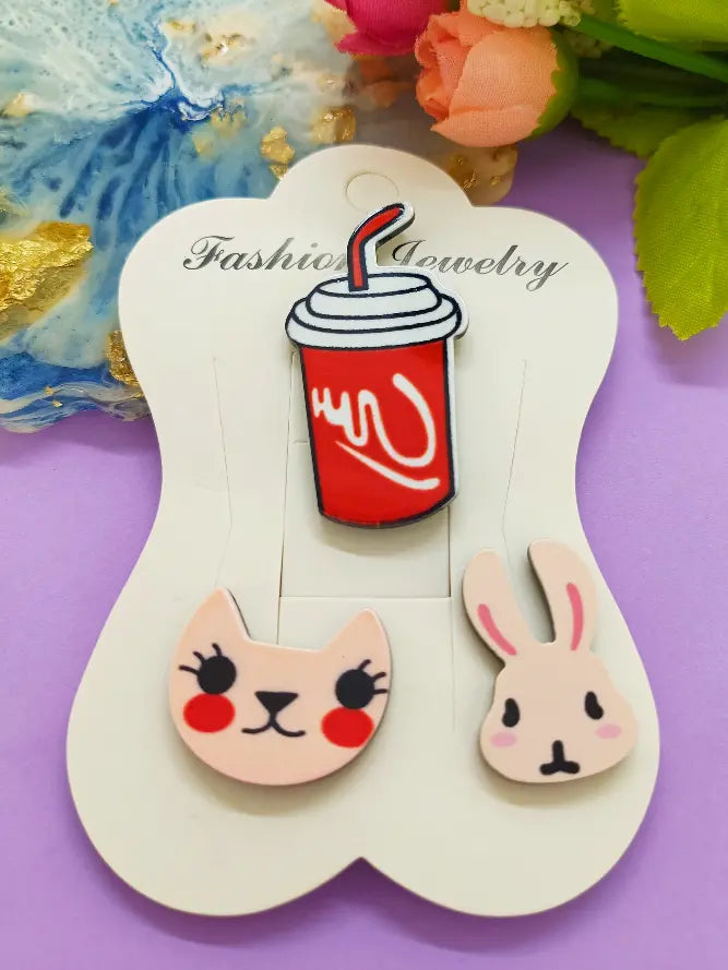 Bunny, Cat, and Drink Lapel Pin Sets