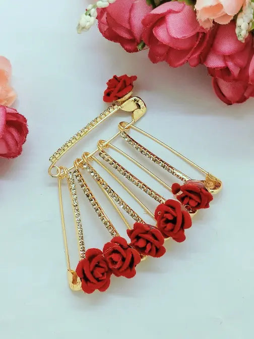 Red Rose Saree Pin Set with Gold-Toned Finish Sets