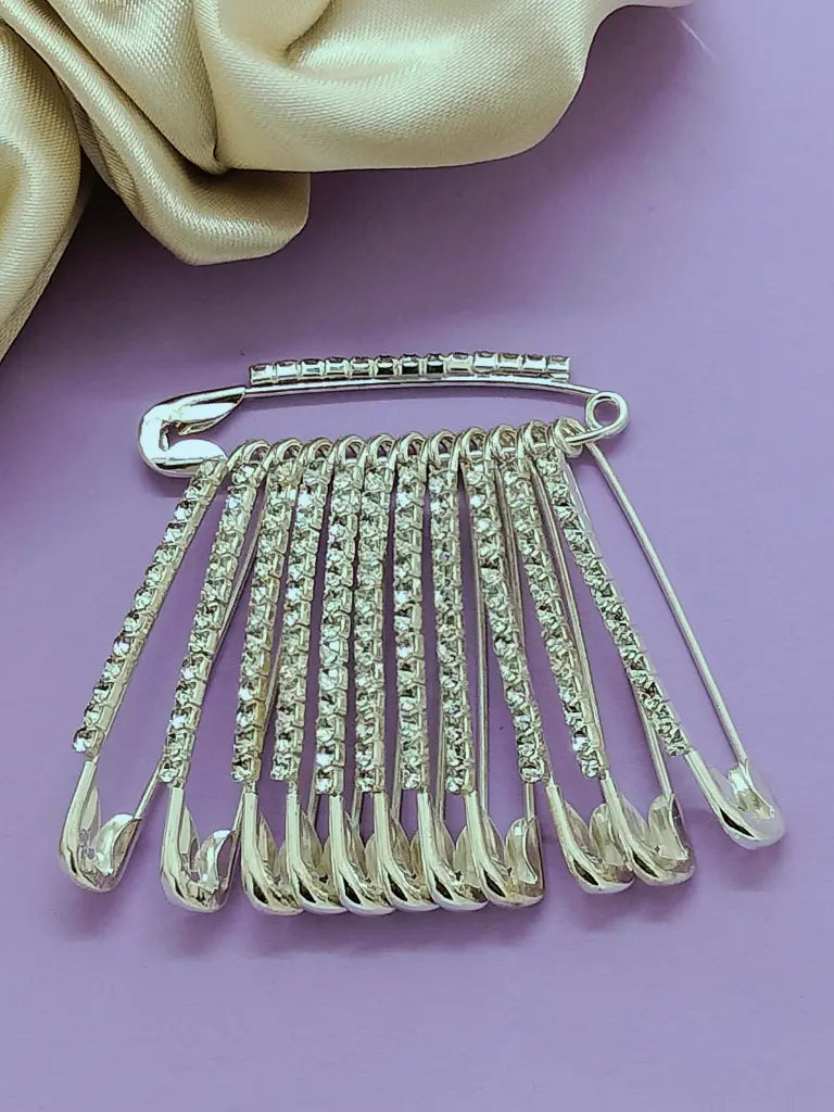 Silver Toned Crystal-Embellished Safety Pin Brooch
