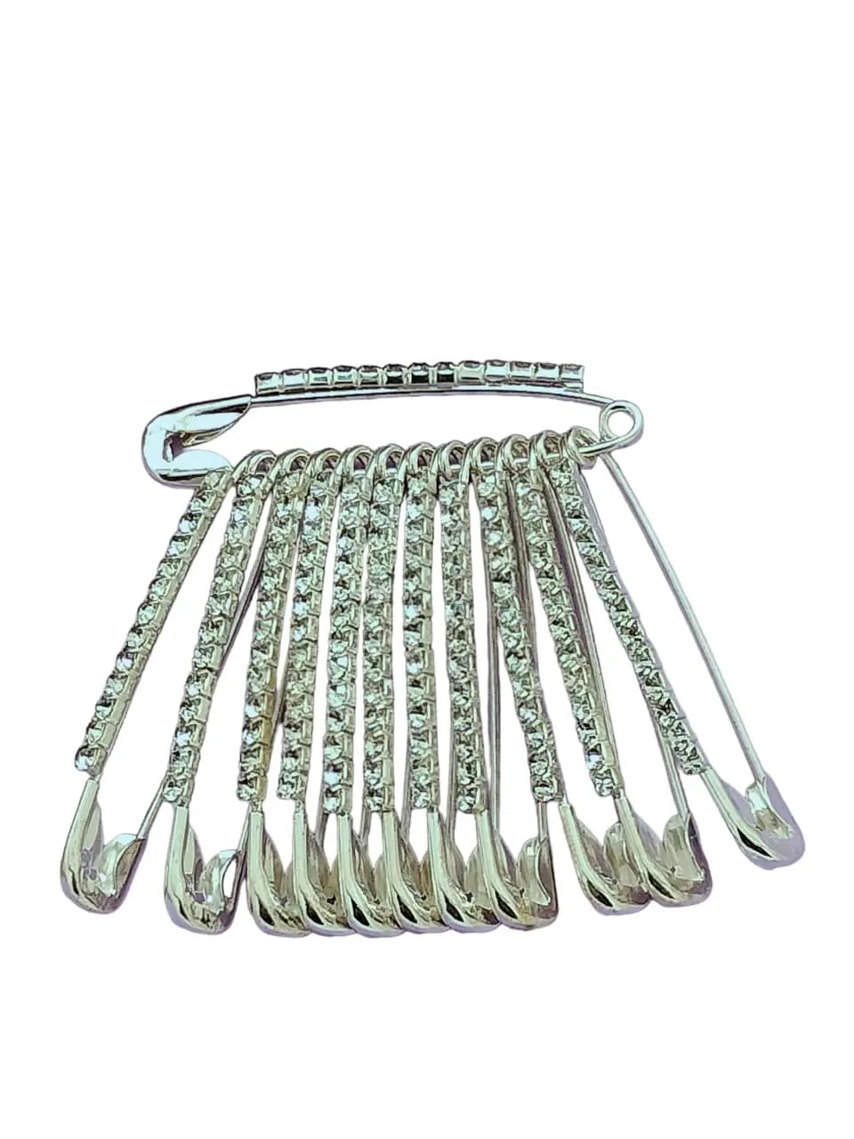 Silver Toned Crystal-Embellished Safety Pin Brooch