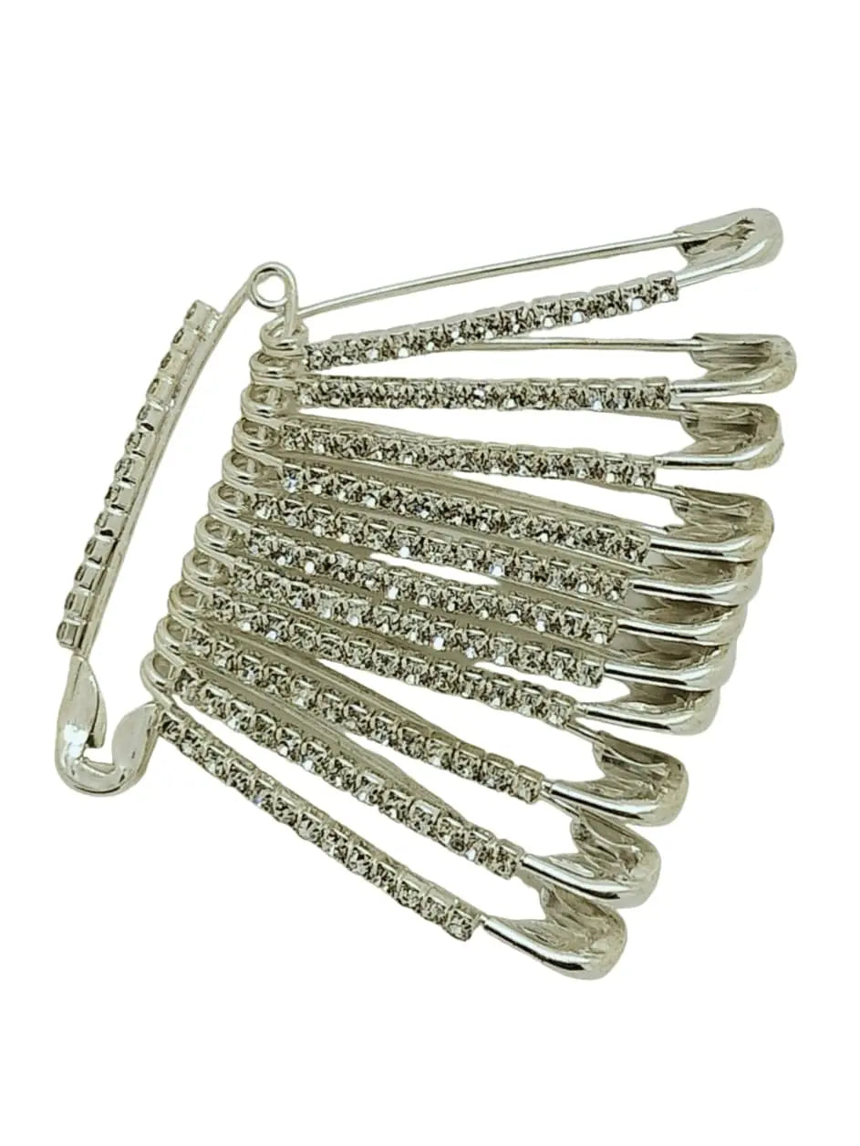 Silver Toned Crystal-Embellished Safety Pin Brooch