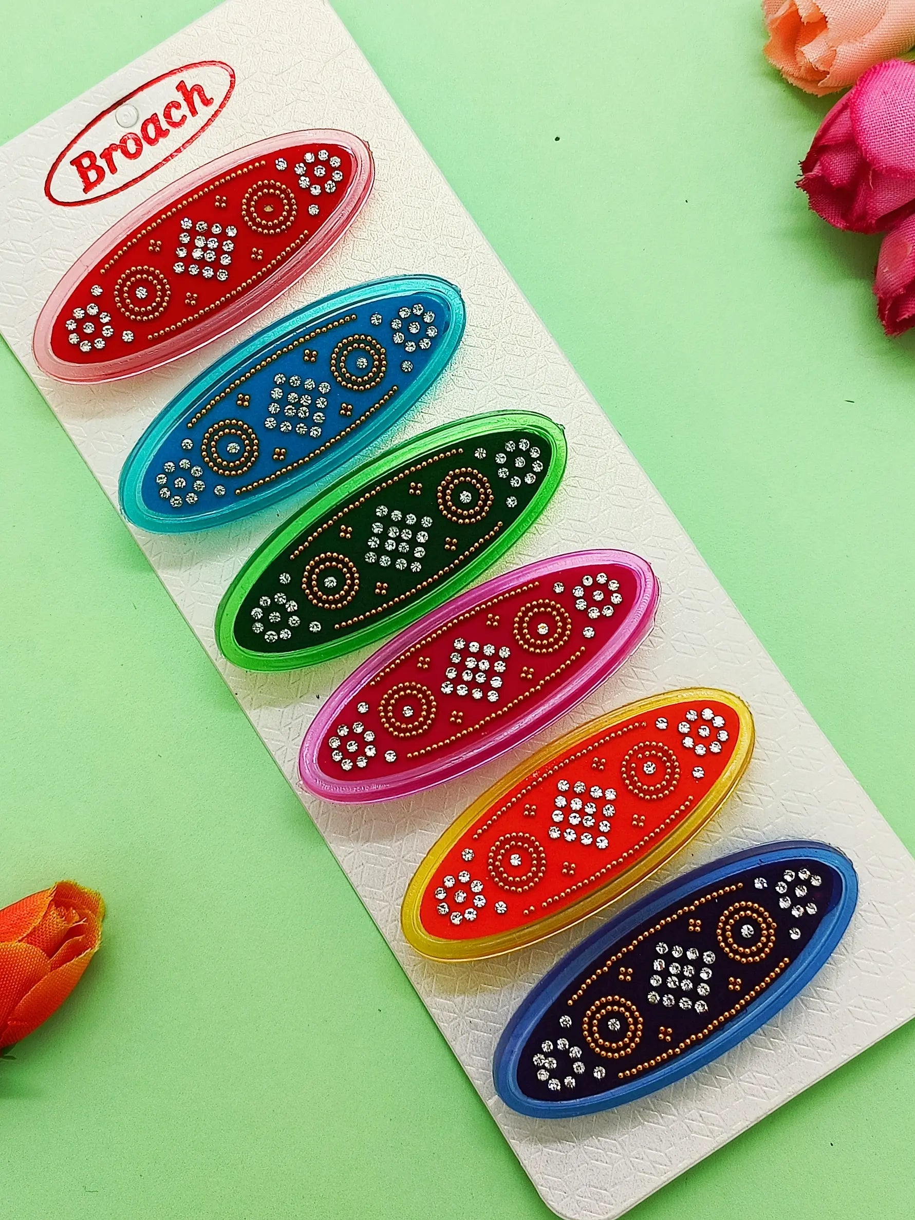 Multicolor Oval Saree Pins Set with Floral Patterns