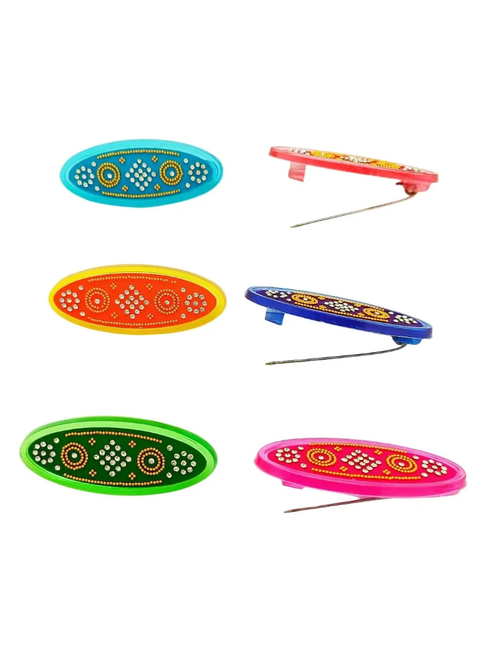 Multicolor Oval Saree Pins Set with Floral Patterns
