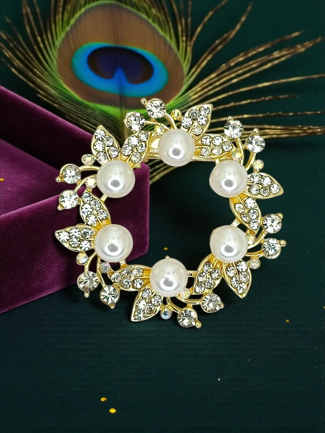 Gold Plated with Crystal Daimond and Beads Saree Clip
