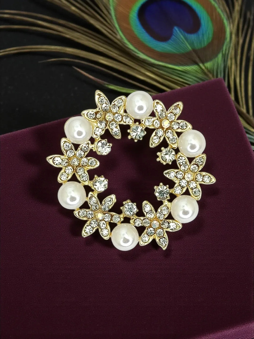 Gold Plated Floral with Crystal Daimond and Beads Saree Clip
