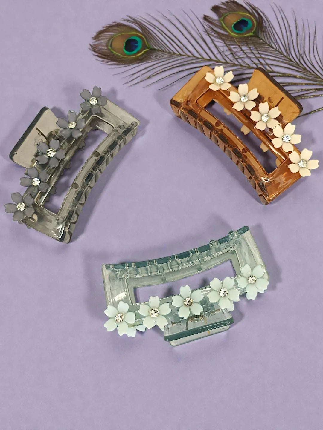 Women Set of 3 Rectangular Embellished Claw Clip