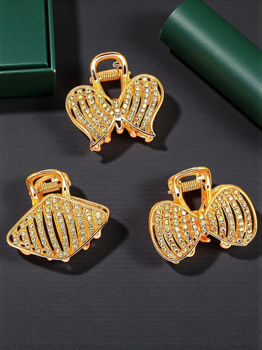 Women Set of 3 Stone-Studded Diff Shaped Claw Clip