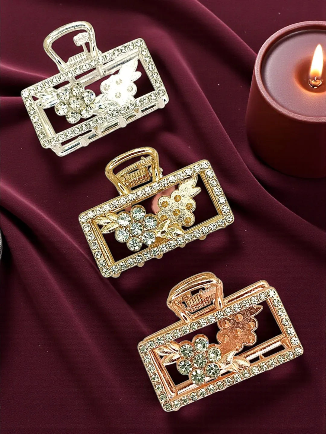 Women Set of 3 Stone-Studded Rectangle Shaped Claw Clip
