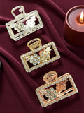 Women Set of 3 Stone-Studded Rectangle Shaped Claw Clip