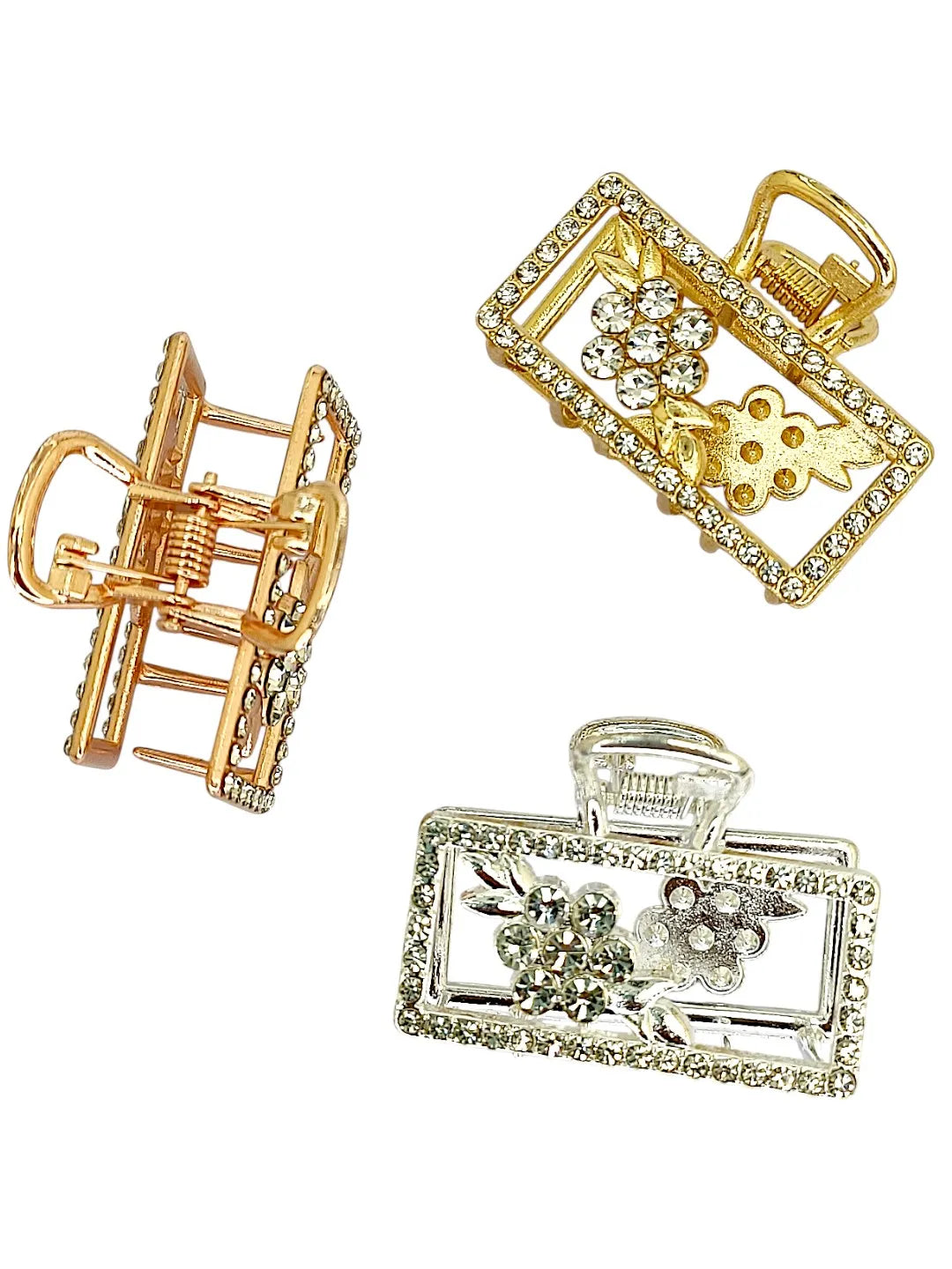Women Set of 3 Stone-Studded Rectangle Shaped Claw Clip