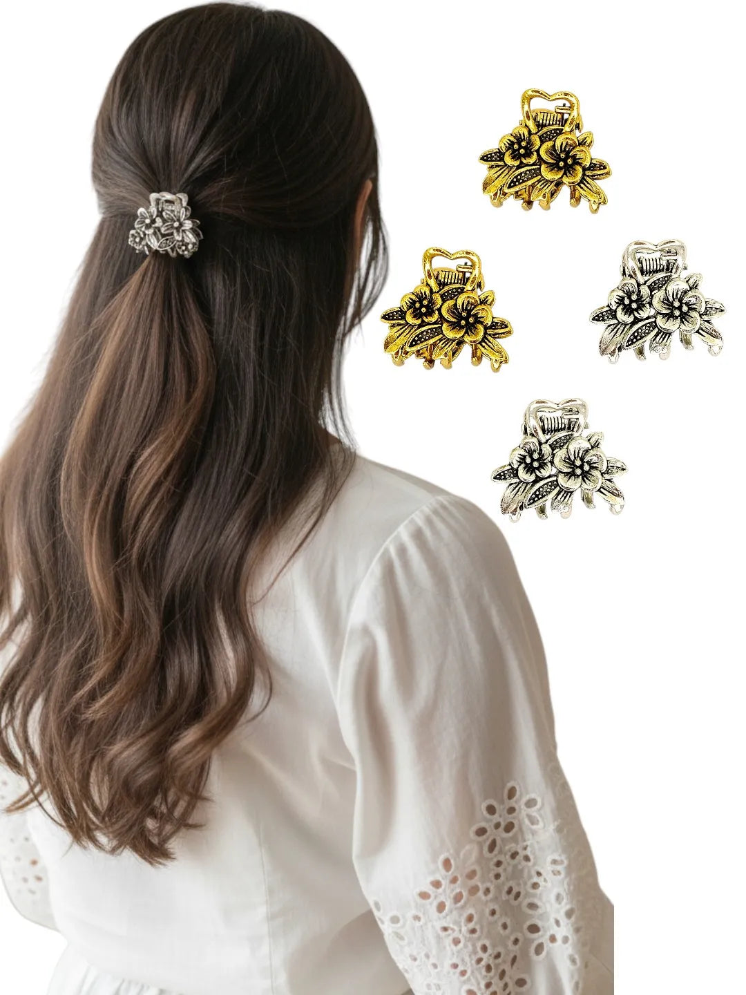 Women Set of 4 Metal Claw Clip with Floral Design
