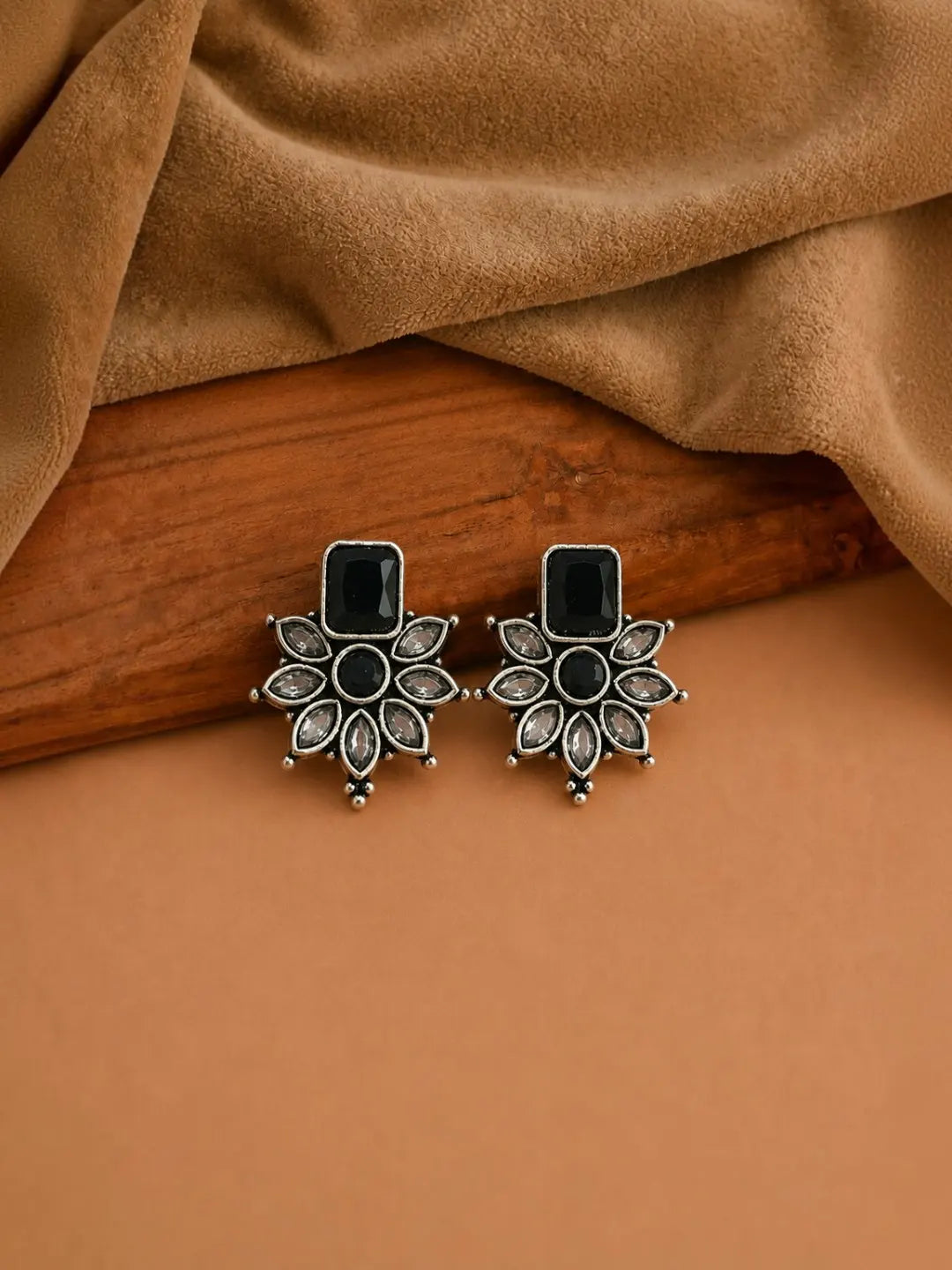 German Silver Black Floral Statement Stud Earrings