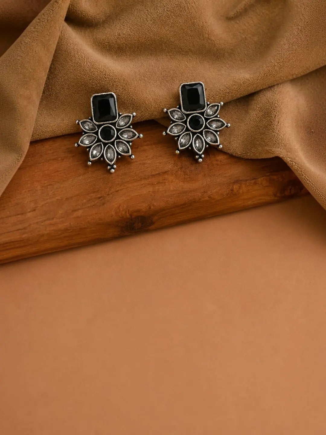 German Silver Black Floral Statement Stud Earrings