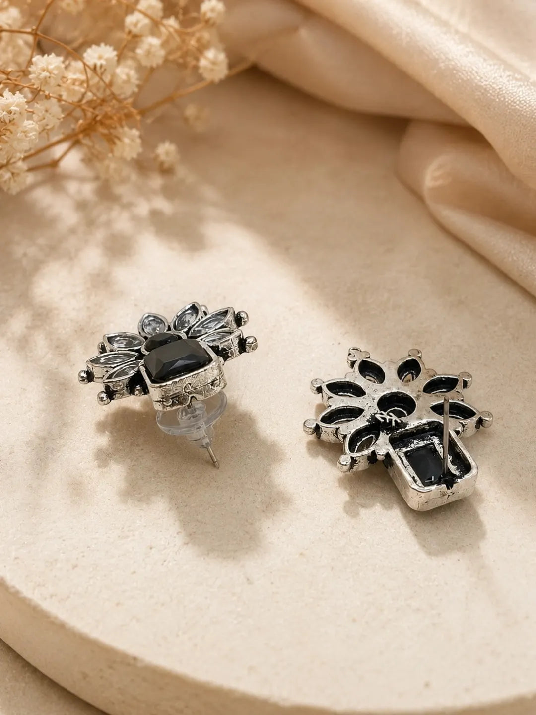 German Silver Black Floral Statement Stud Earrings