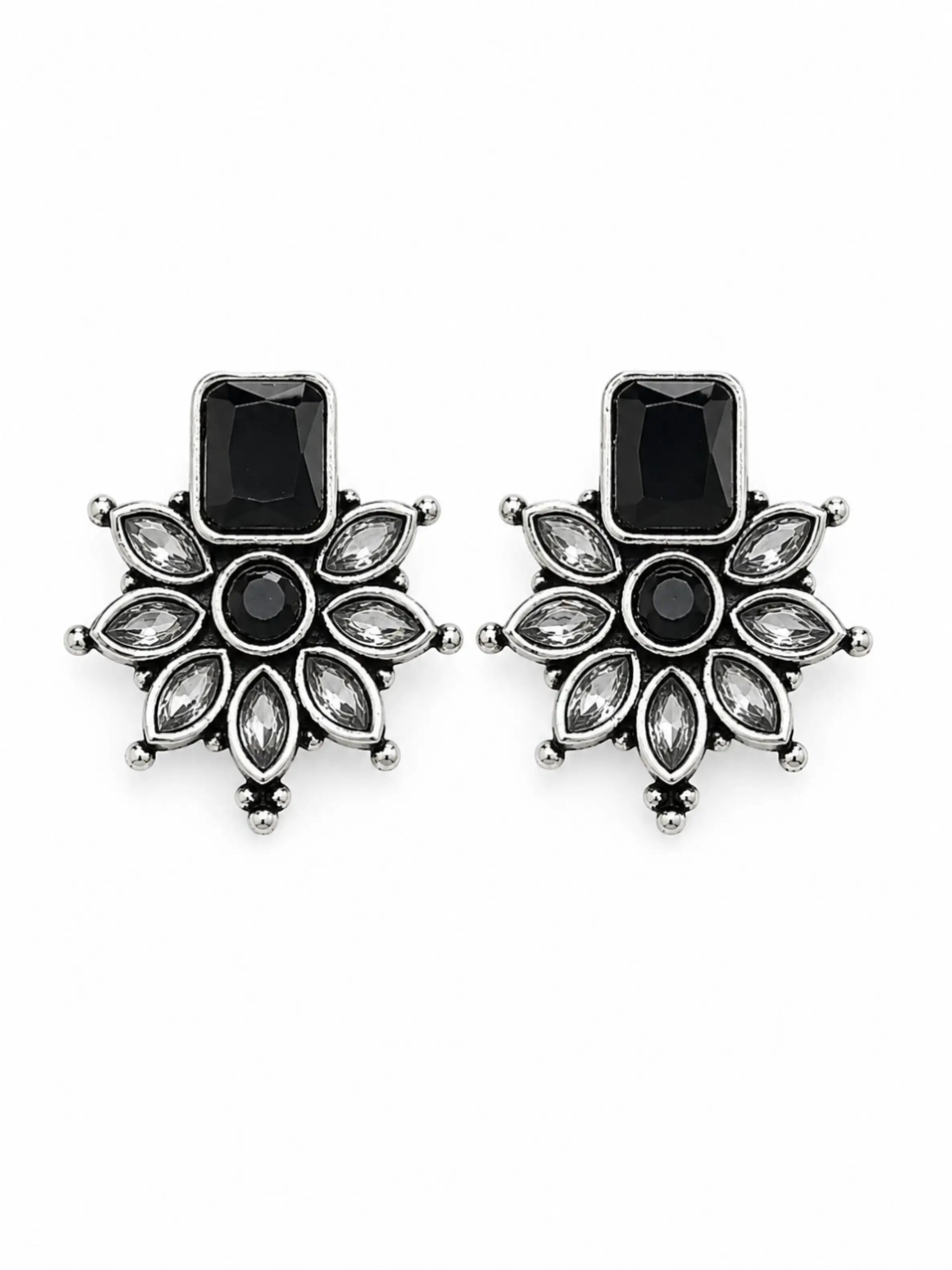 German Silver Black Floral Statement Stud Earrings