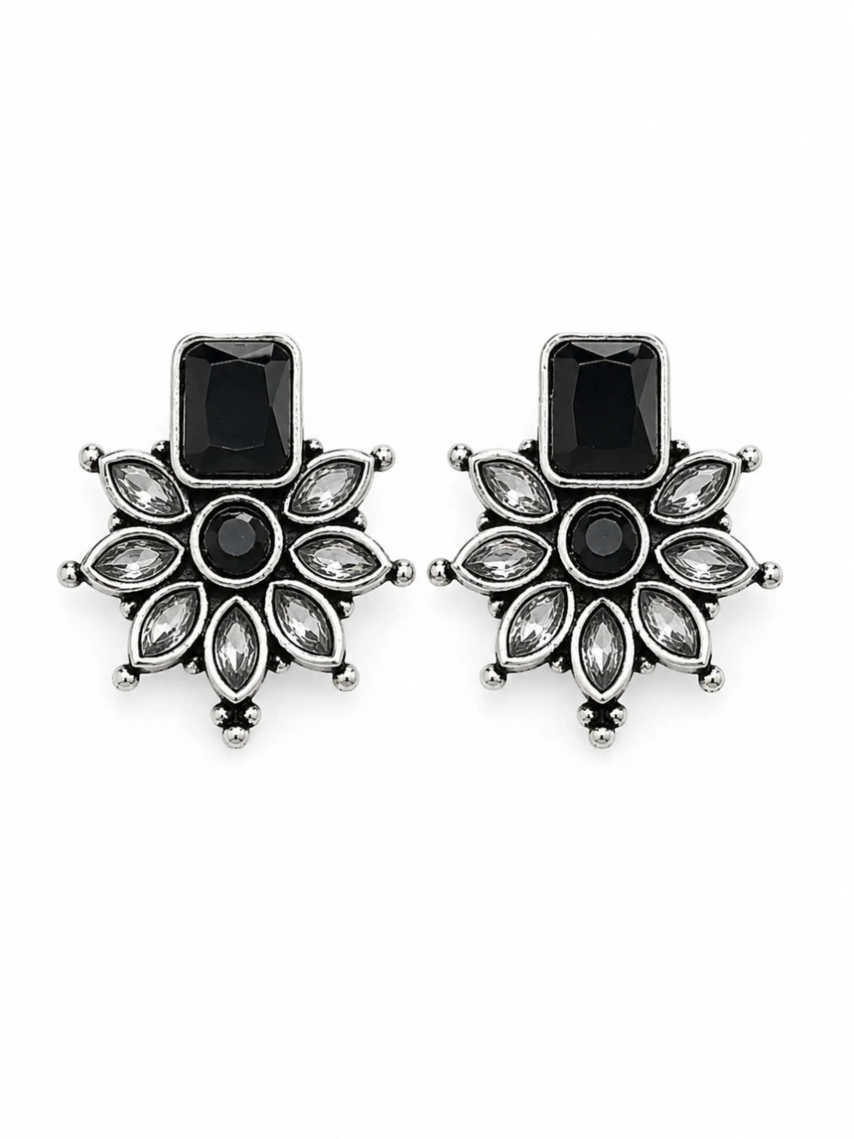 German Silver Black Floral Statement Stud Earrings