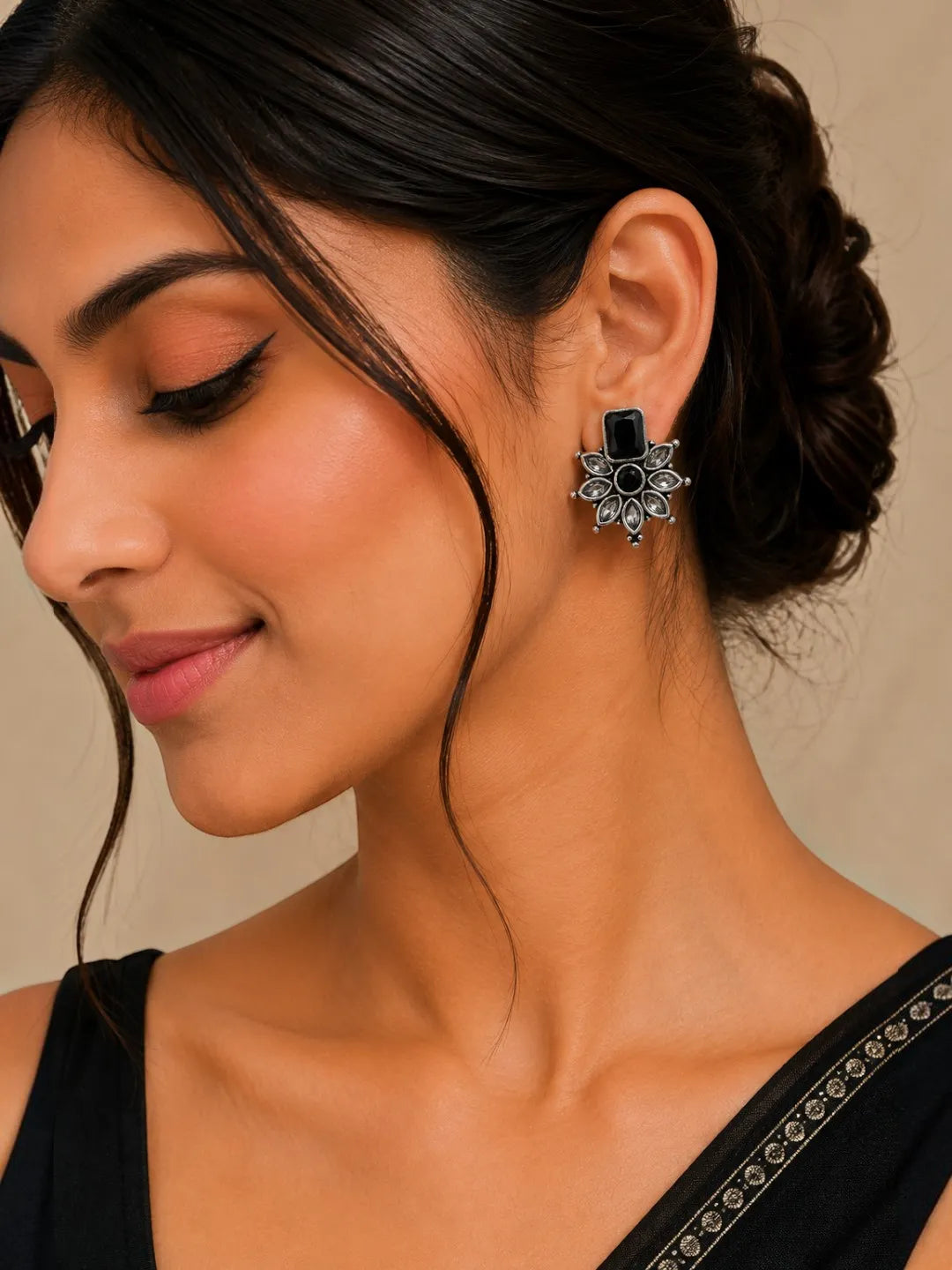 German Silver Black Floral Statement Stud Earrings