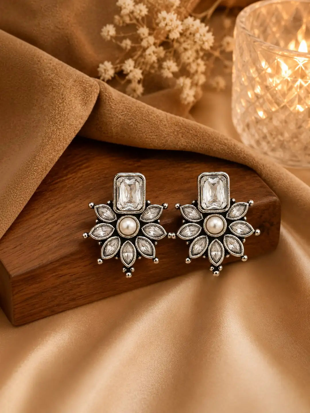 German Silver Clear White Floral Statement Stud Earrings