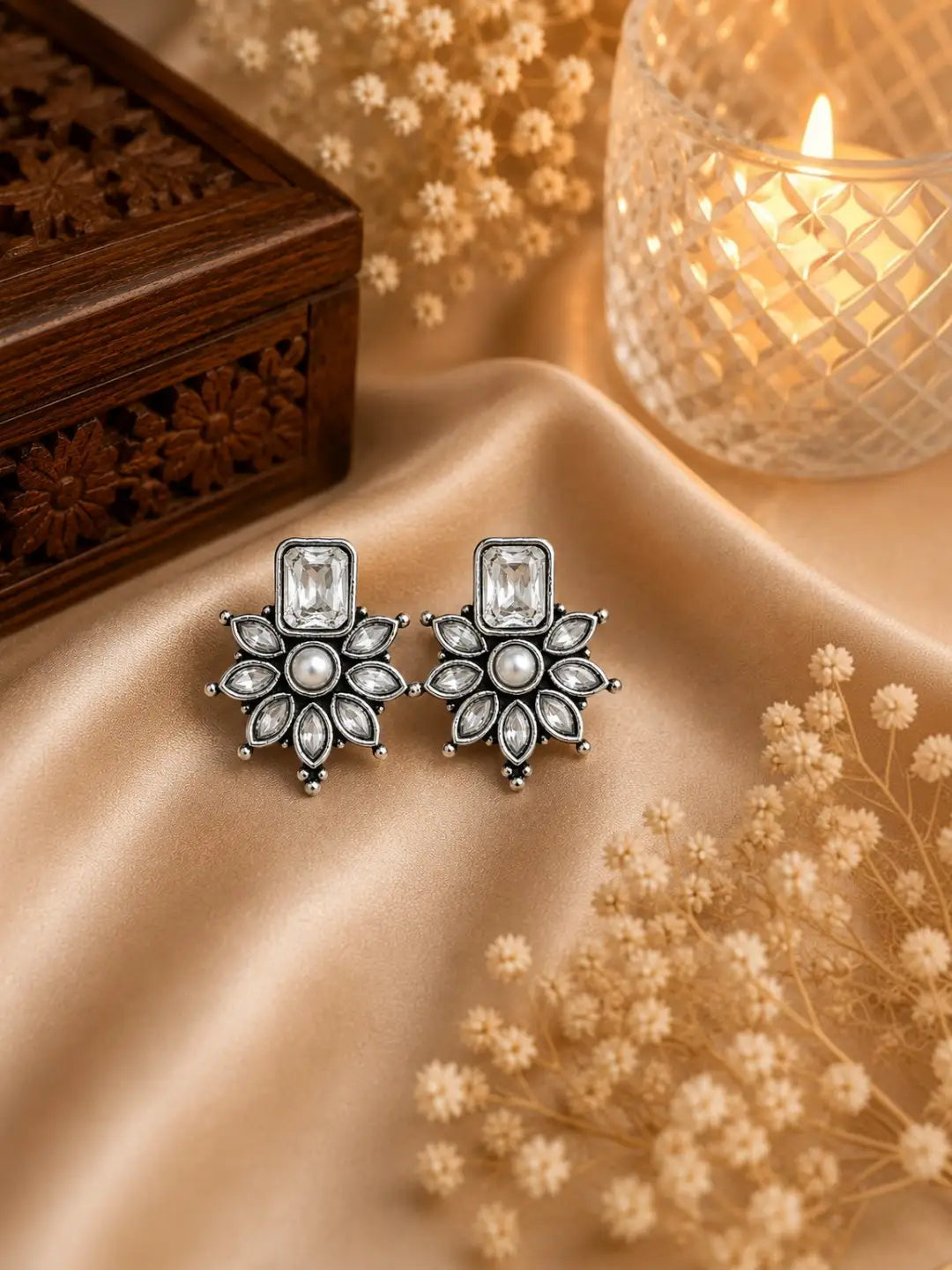 German Silver Clear White Floral Statement Stud Earrings