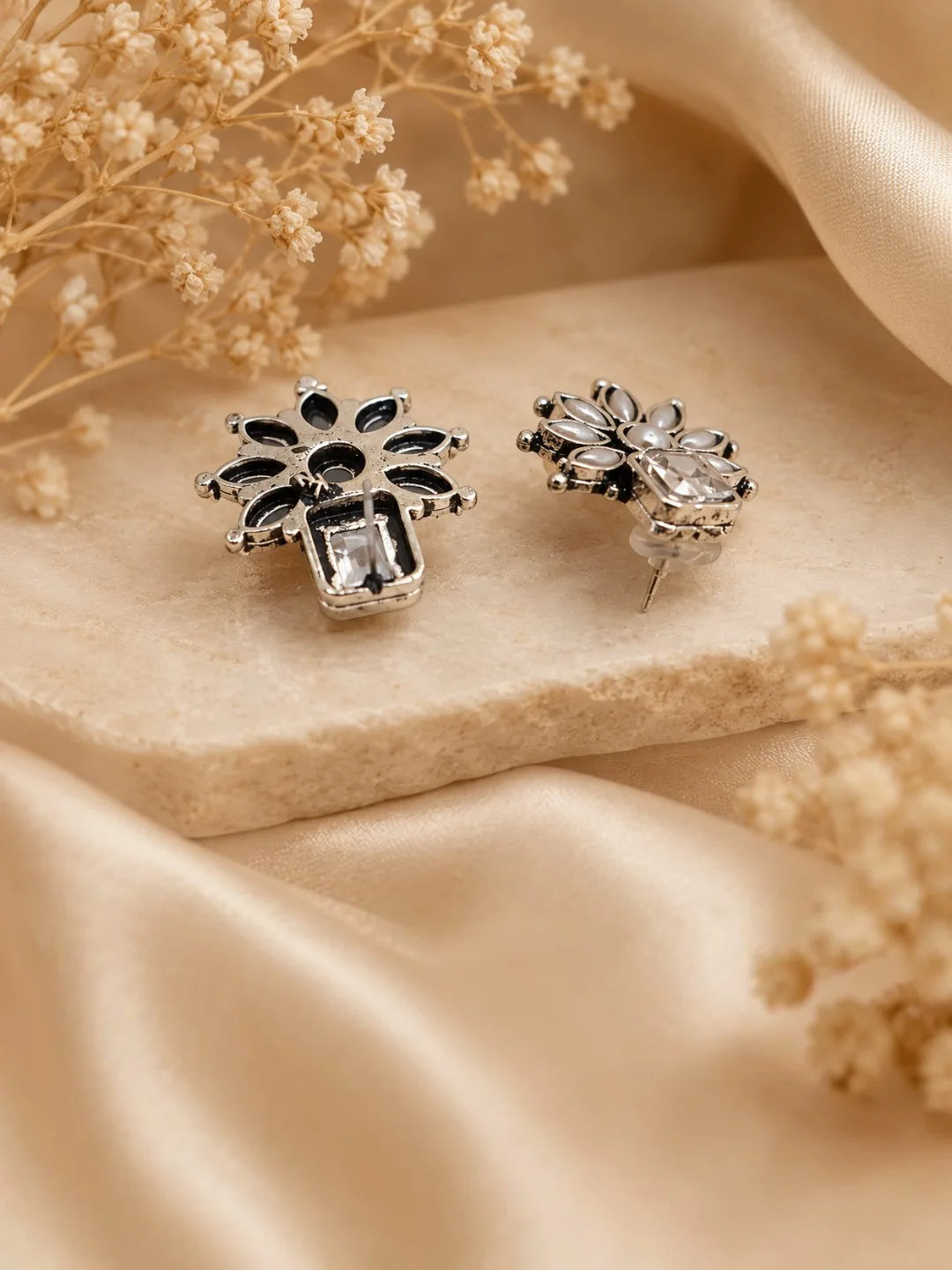 German Silver Clear White Floral Statement Stud Earrings