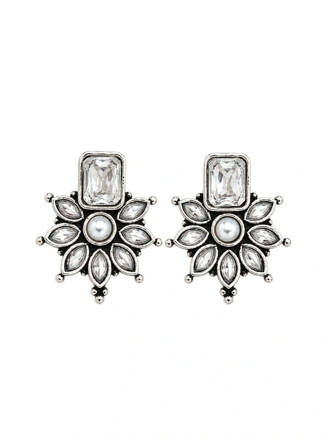 German Silver Clear White Floral Statement Stud Earrings