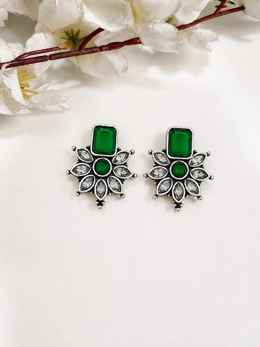 German Silver Green Floral Statement Stud Earrings