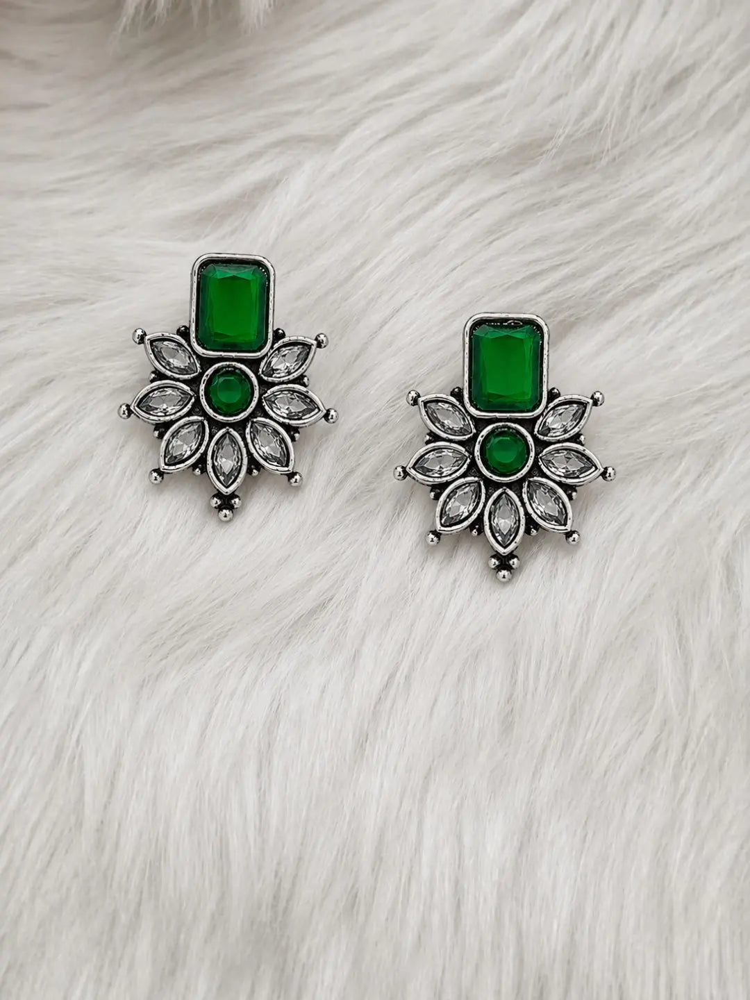 German Silver Green Floral Statement Stud Earrings